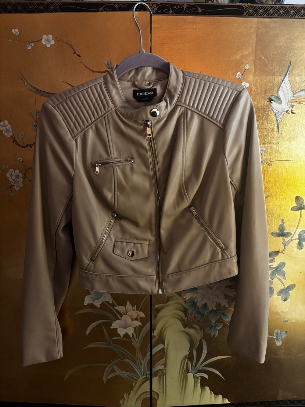 bebe Taupe Cropped Faux Leather Moto Jacket